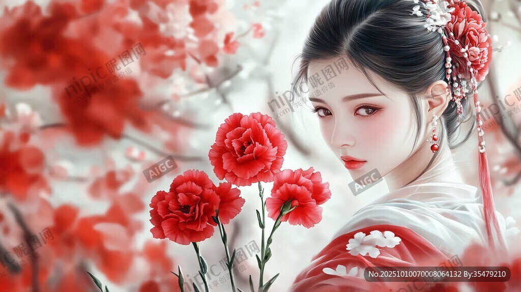 古风佳人伴红花