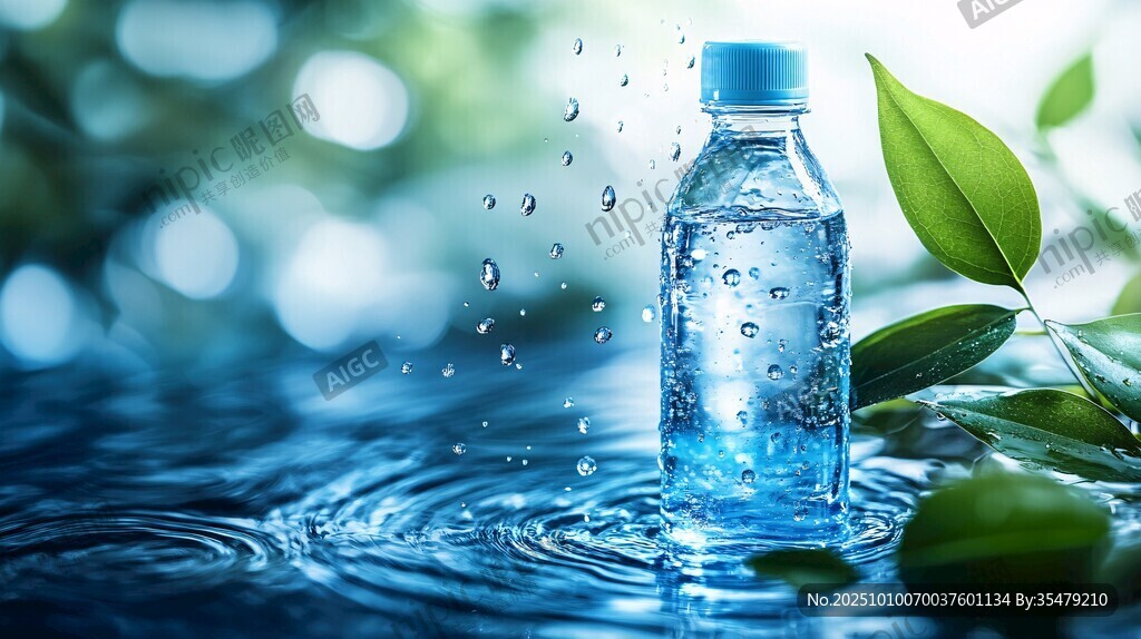 清新瓶装水与绿叶水滴景