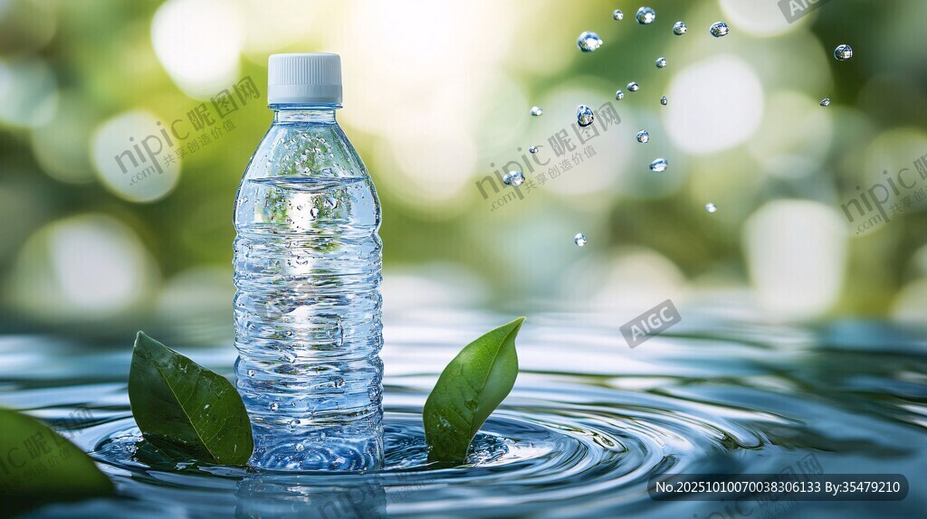清新瓶装水与绿叶水滴景