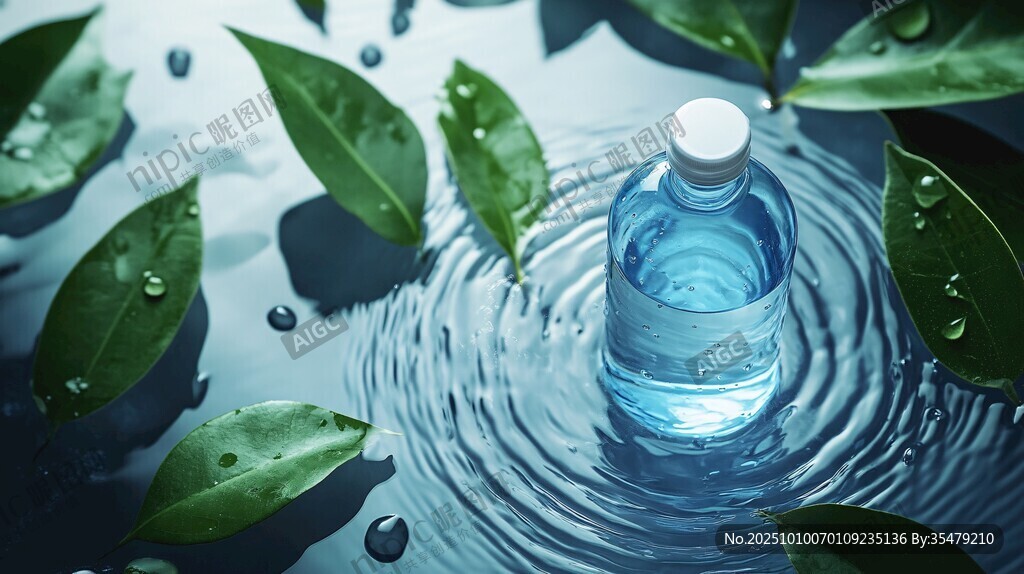 瓶装水置于绿叶水洼间