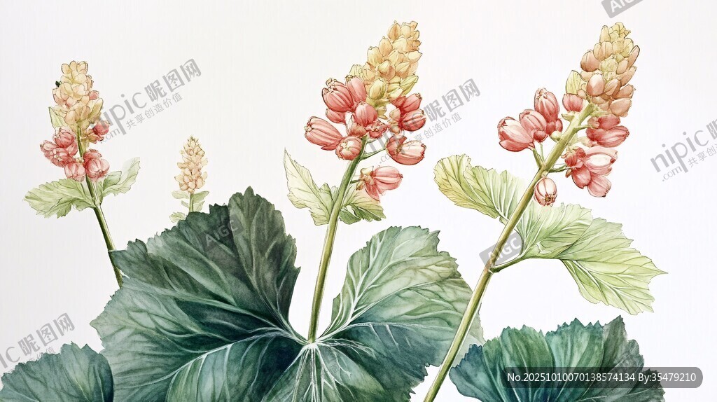 手绘美丽花卉与绿叶景致