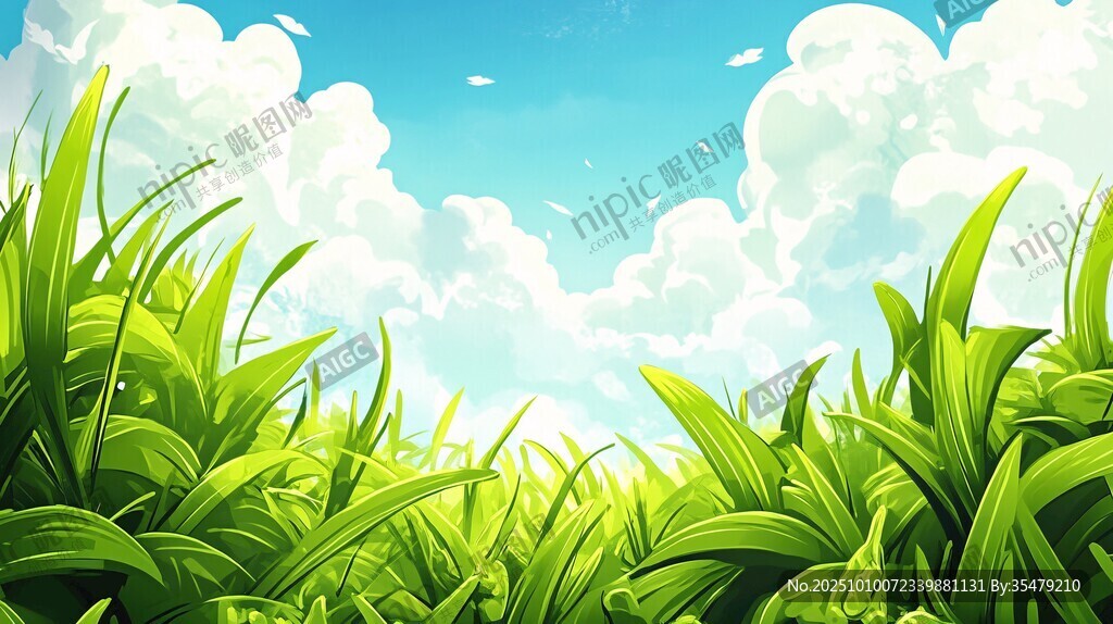 青青草地与蓝天白云图景