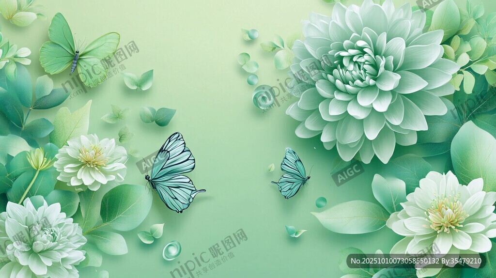 清新绿调花卉蝴蝶插画