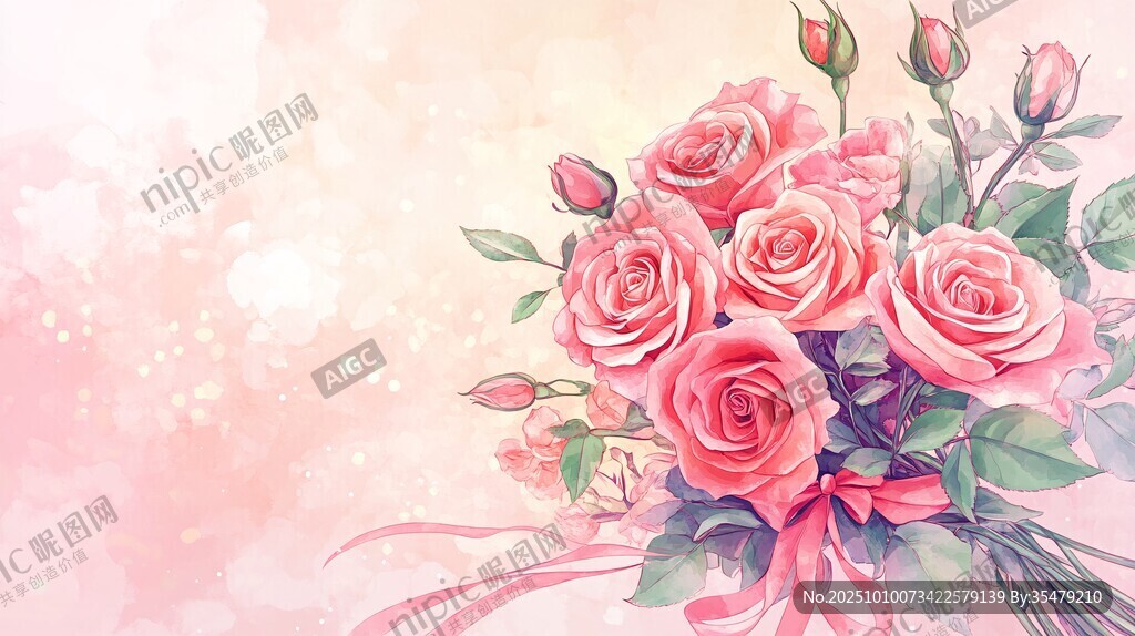 粉色浪漫玫瑰花束插画