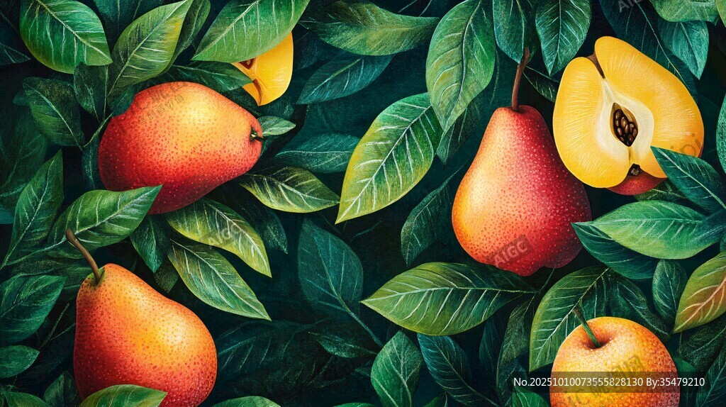 梨与桃的绿叶间清新画面