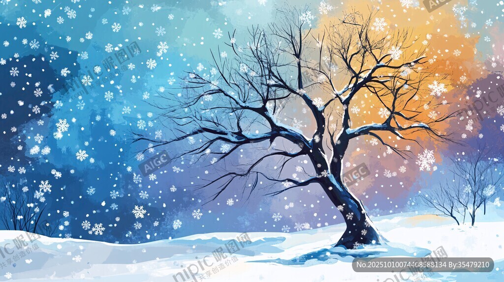 冬日雪景中孤独的老树