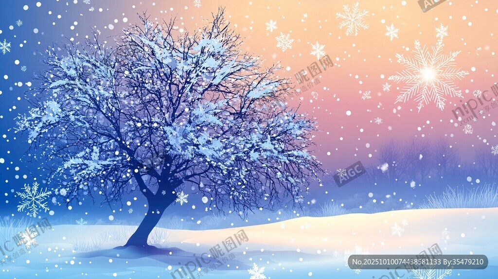 冬日孤树雪景梦幻插画