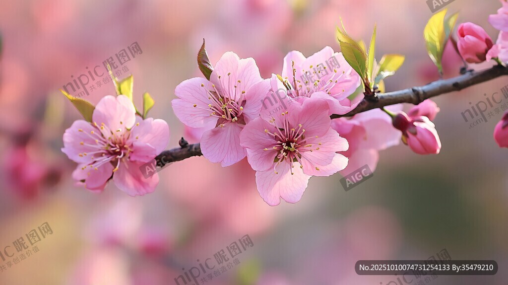 春日绽放的粉嫩桃花枝