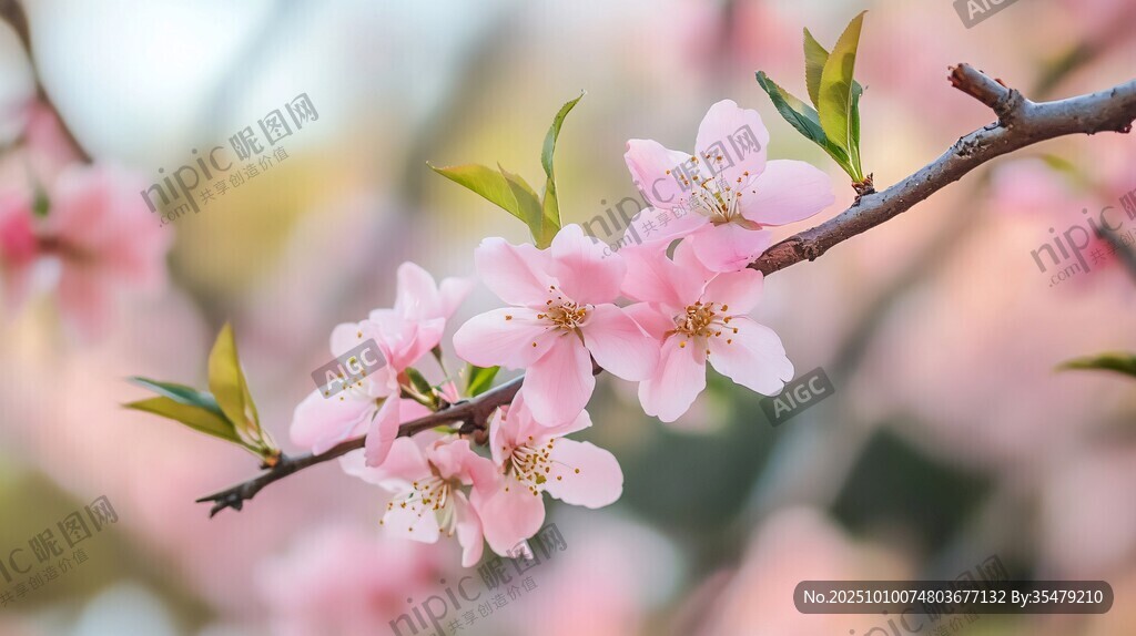 枝头粉嫩桃花绽放