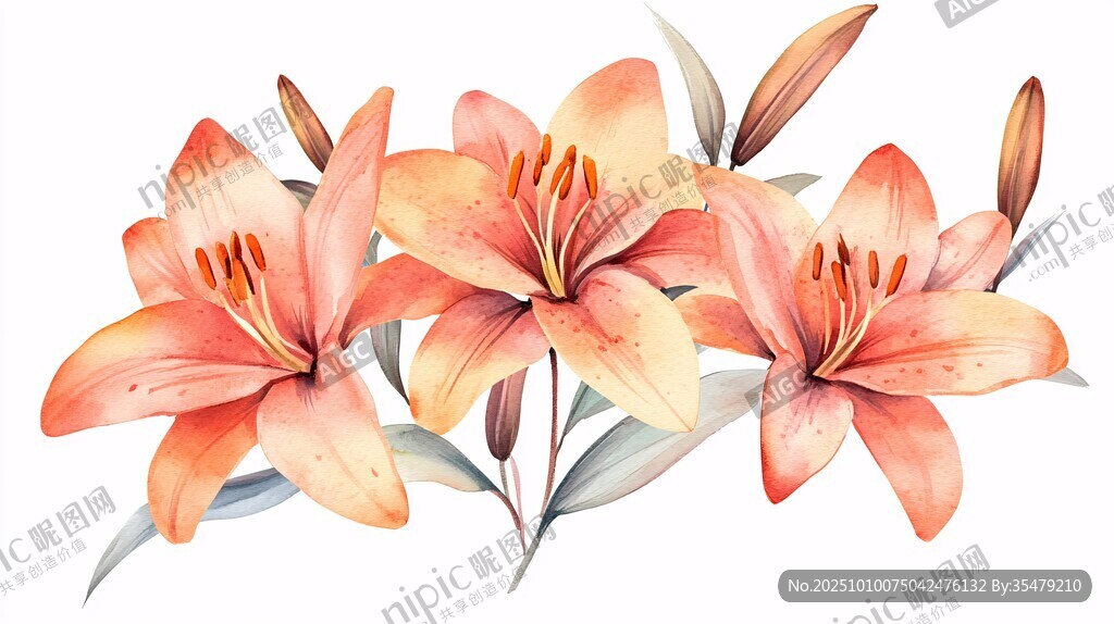 橙色百合花水彩插画