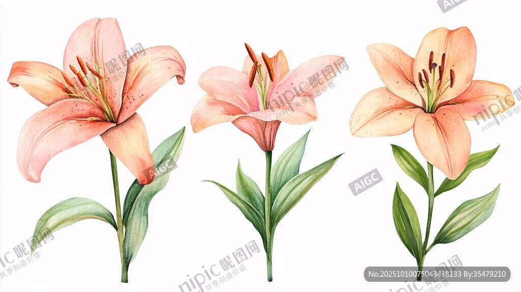 三朵柔美水彩粉色百合花