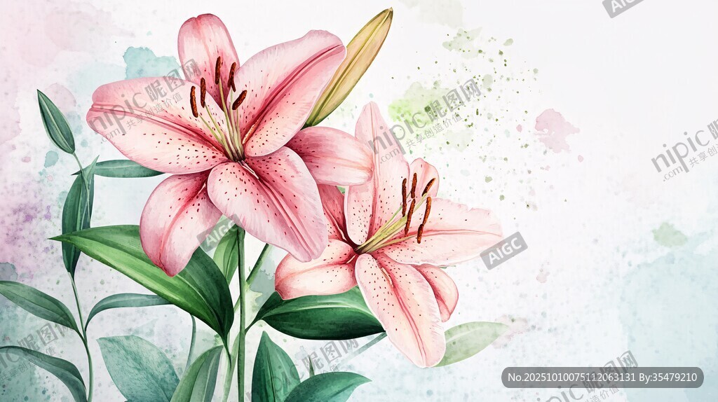 水彩粉色百合花清新插画