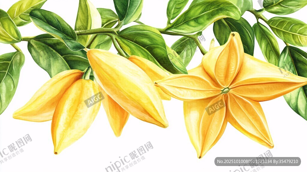 黄色星状花与绿叶插画