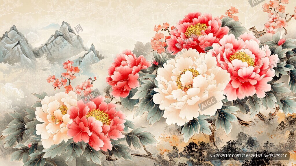 国画牡丹山水图