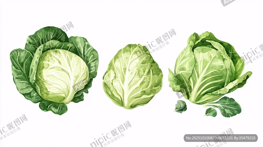 三颗卷心菜水彩插画