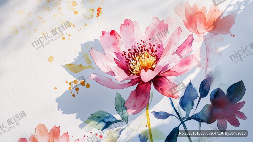 水彩风绽放的娇艳粉色花朵