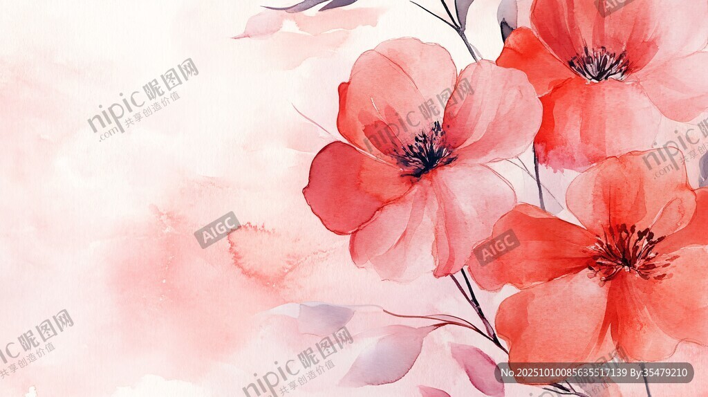 水彩绘就的艳丽红色花朵