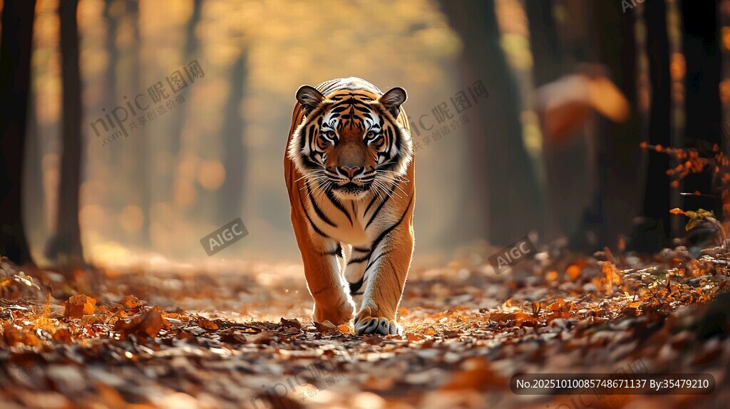 秋日森林中独行的斑斓猛虎