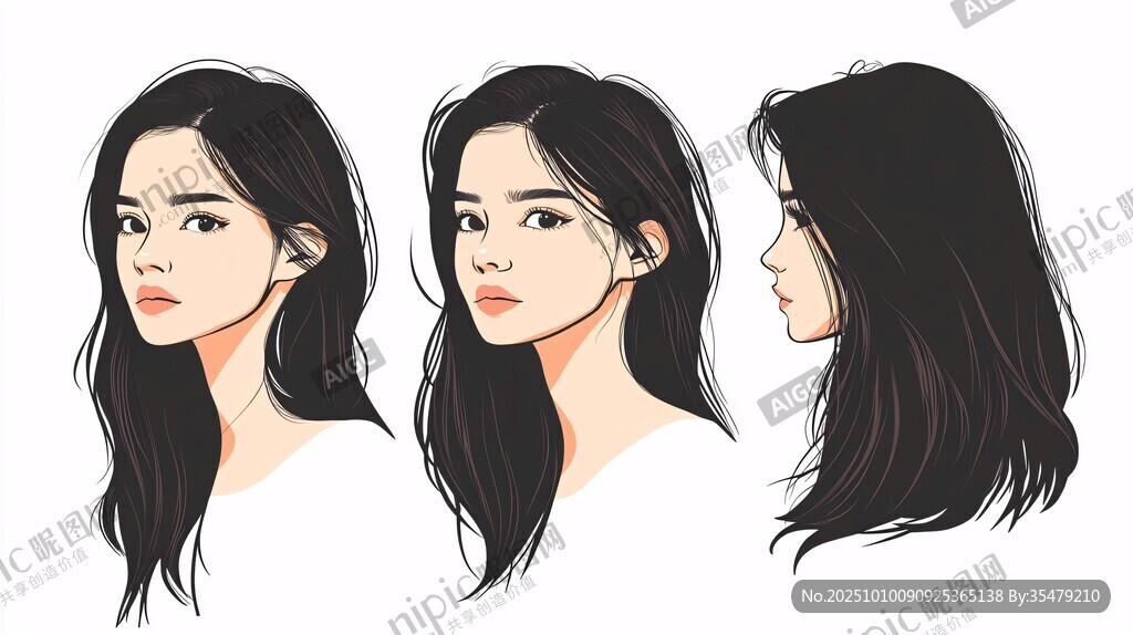 长发女性多角度肖像插画