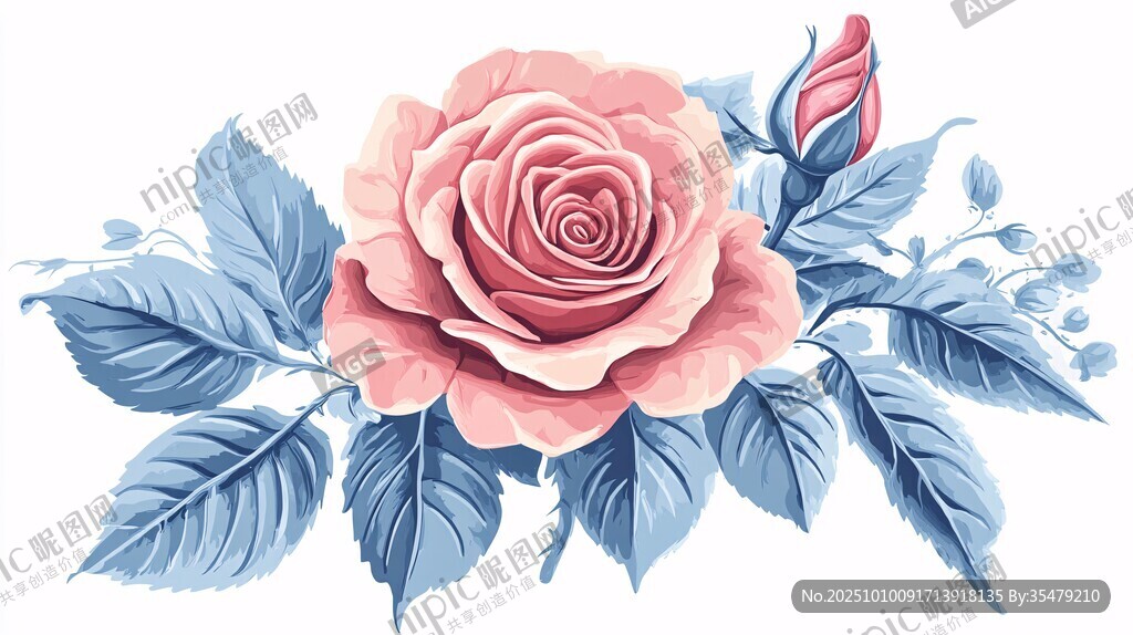 粉色玫瑰与蓝叶花卉插画