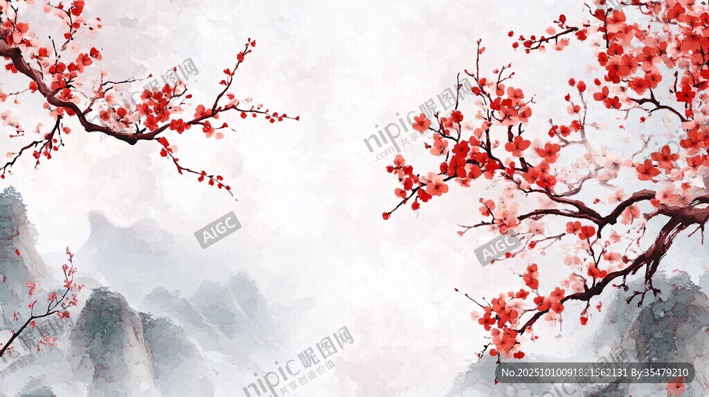 水墨红梅图 尽显东方韵味