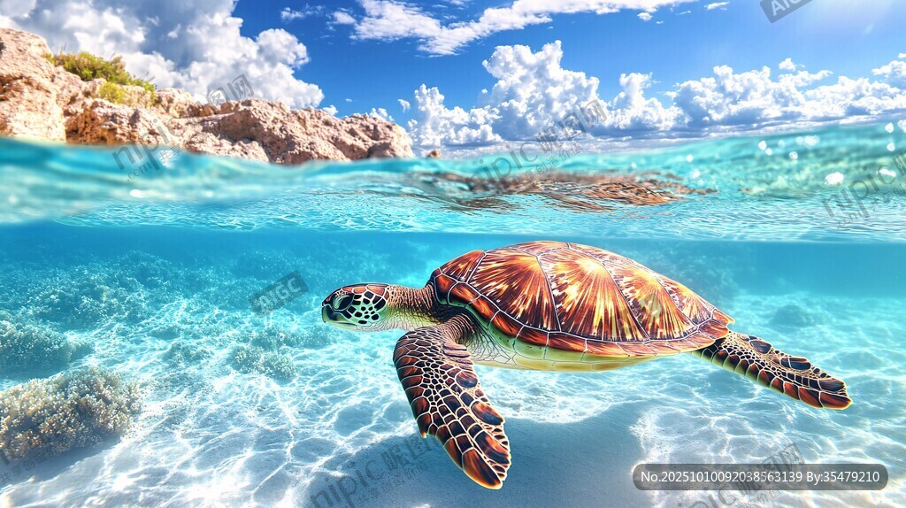 海龟畅游在清澈海底世界