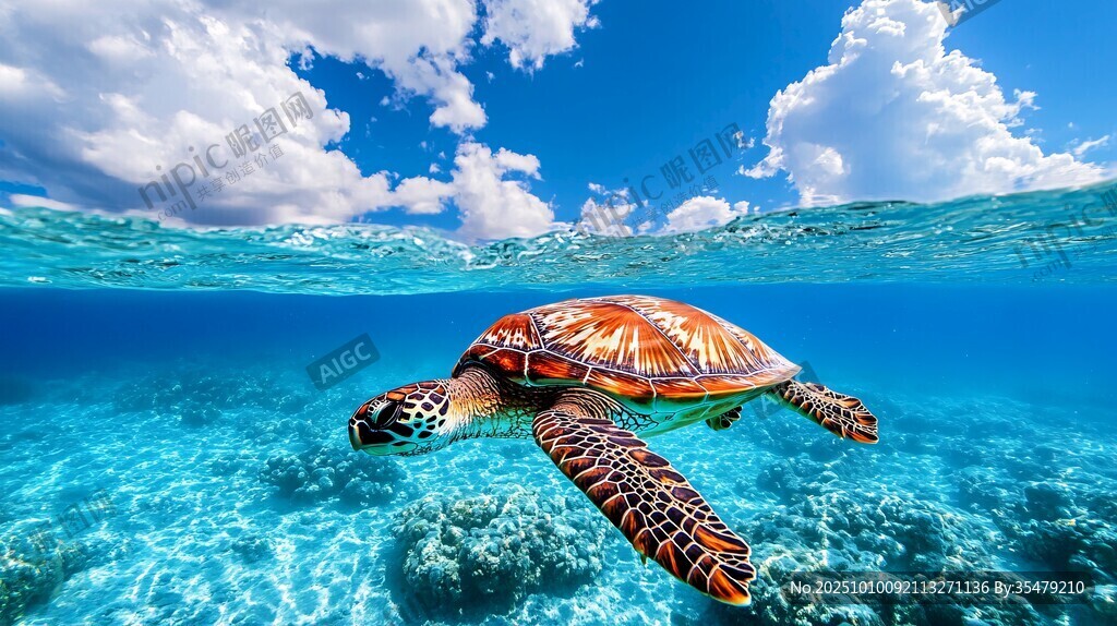 海龟在清澈海水中悠然游弋
