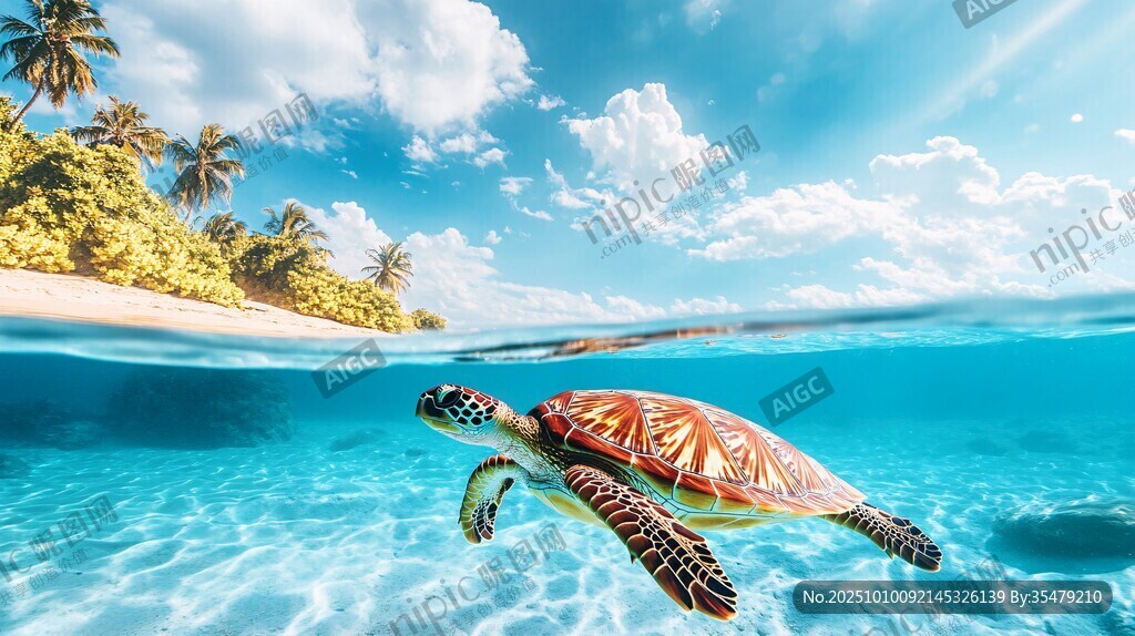 海龟在碧海蓝天中畅游