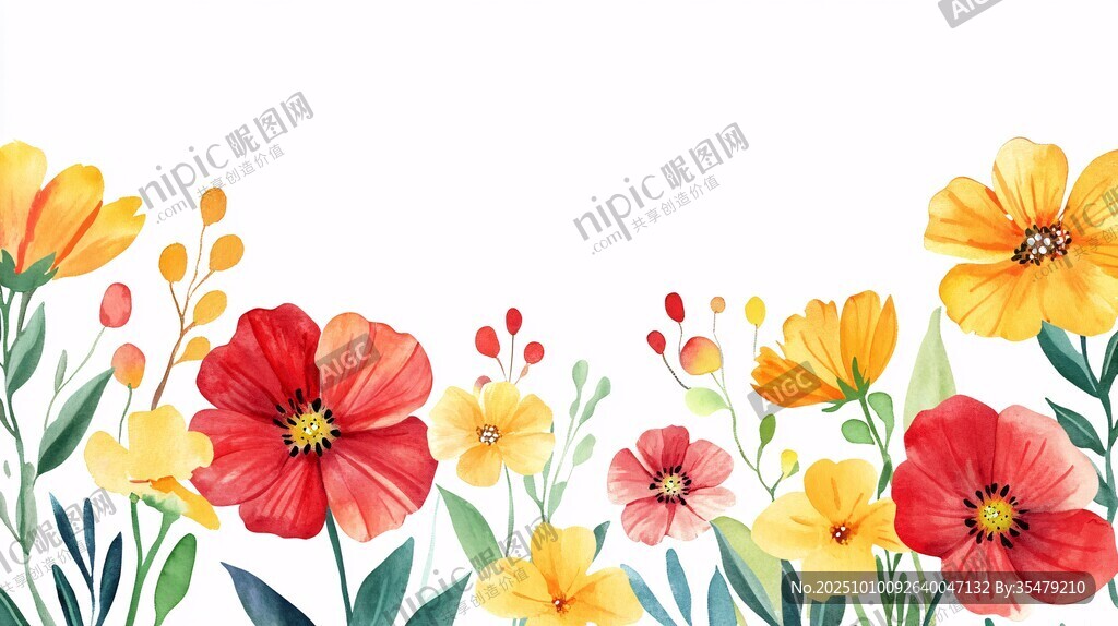 缤纷水彩花卉边框插画
