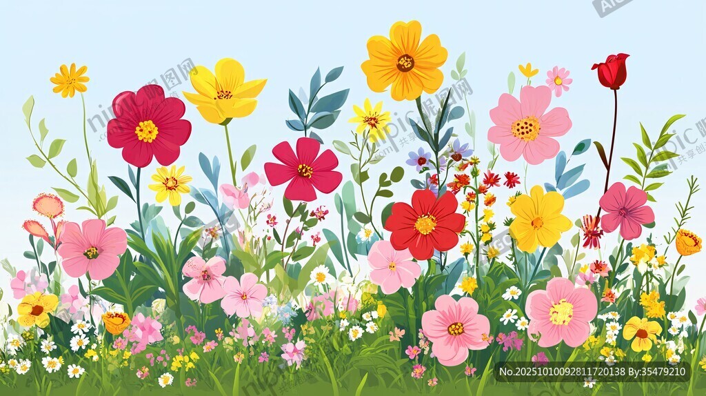 缤纷花卉草地插画