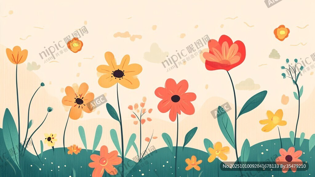 春日烂漫花丛插画