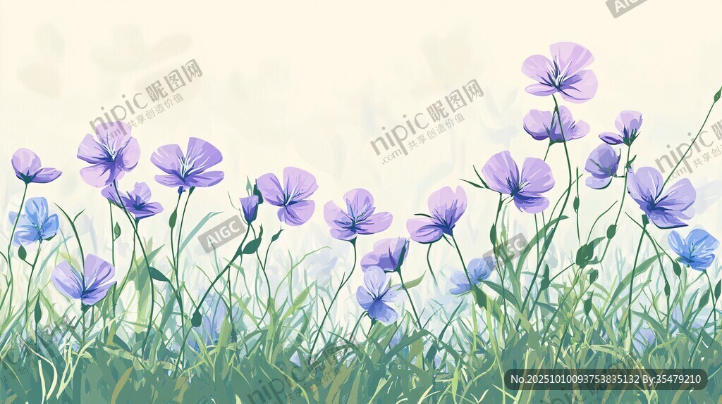 紫色小花绽放于绿草间