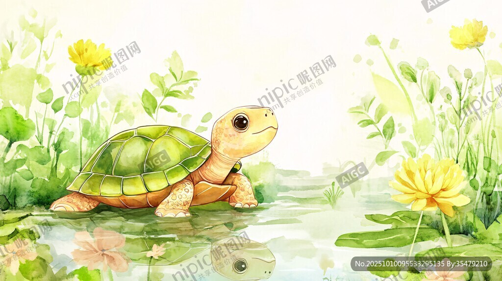 池塘边的可爱小乌龟