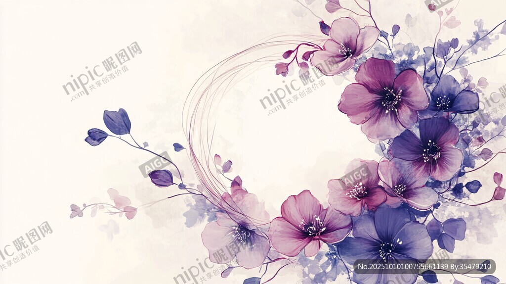 梦幻紫色花卉环形插画