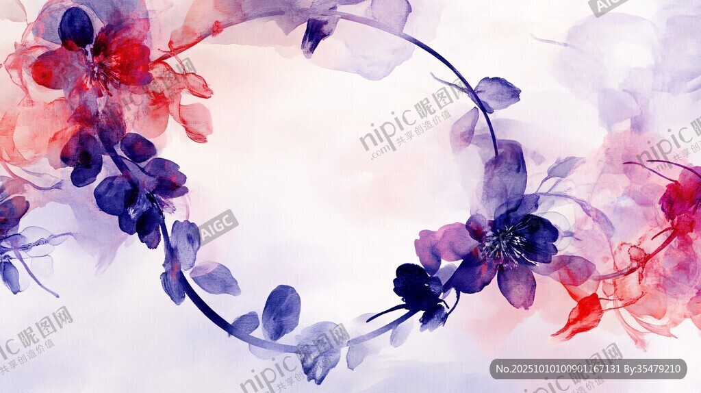 水彩花卉环形梦幻图案