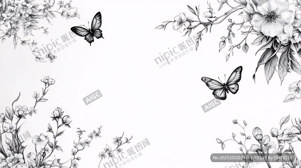 黑白花卉蝴蝶装饰画
