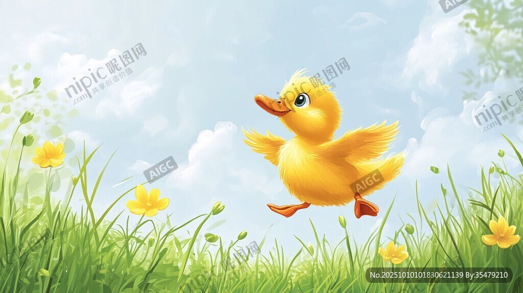 小黄鸭在草地快乐飞翔