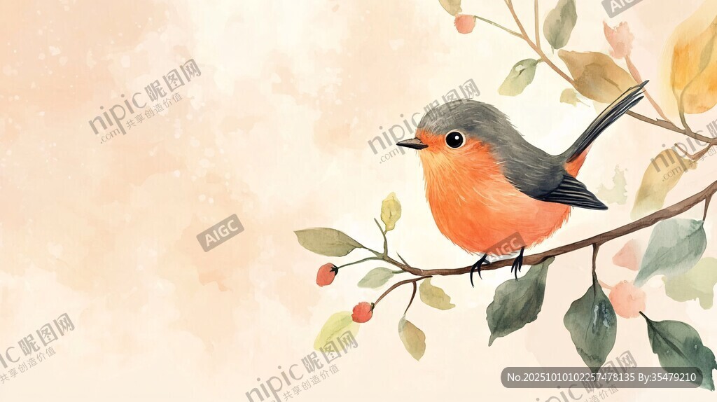 枝头小鸟水彩画