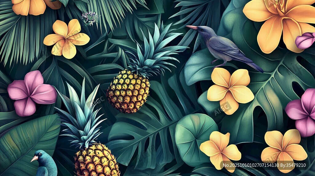 热带风情植物与鸟类插画