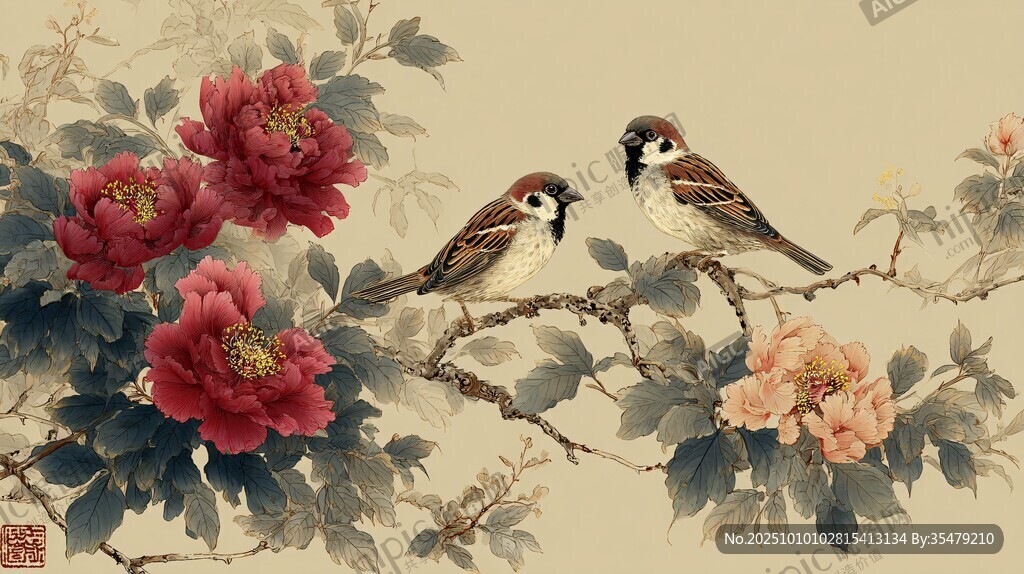 花鸟图中双雀栖于繁花间