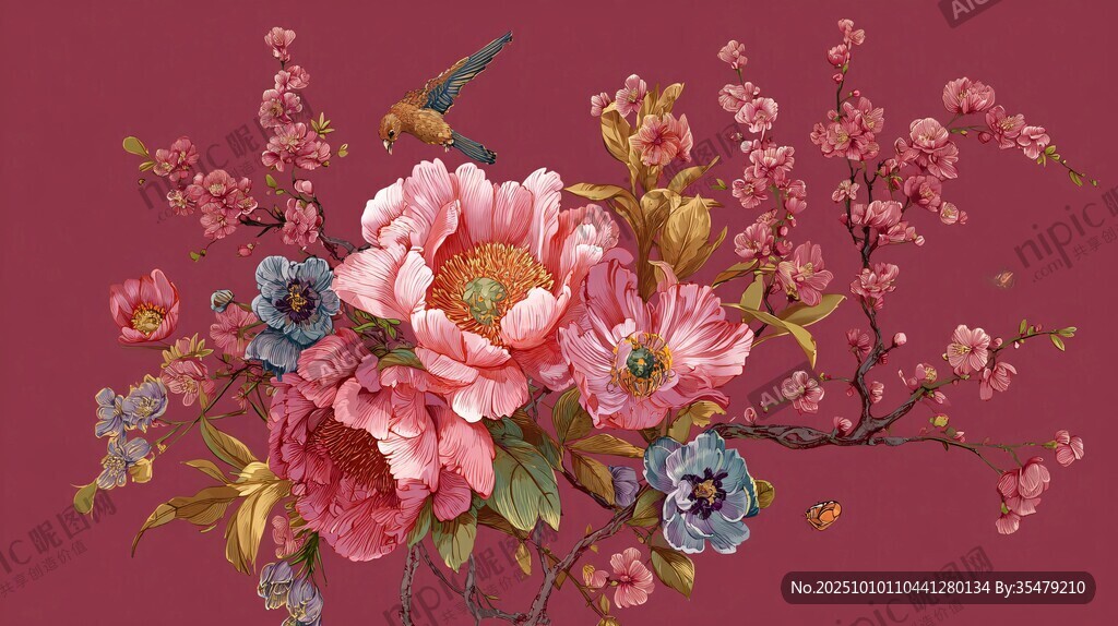 复古花卉与小鸟插画作品
