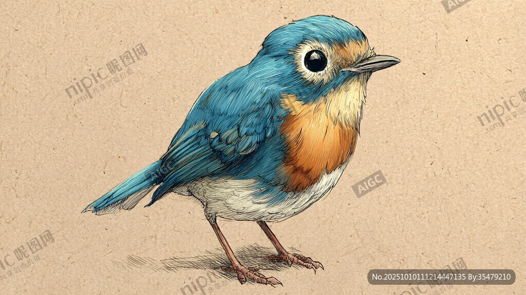 蓝色小鸟插画 色彩明艳