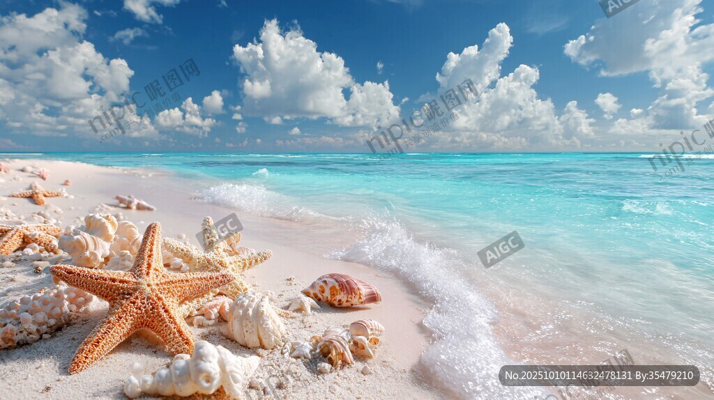 梦幻海滩海星贝壳与蓝海