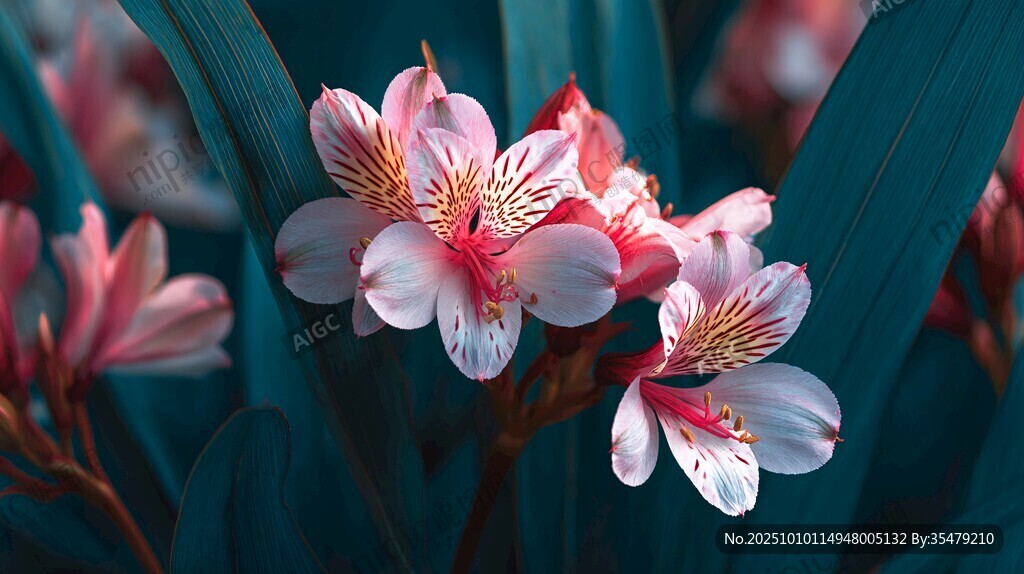 娇艳粉色花朵绽放绿叶间