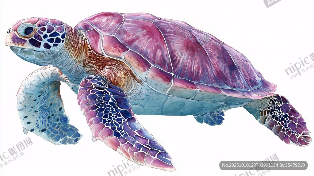 梦幻色彩海龟水彩插画