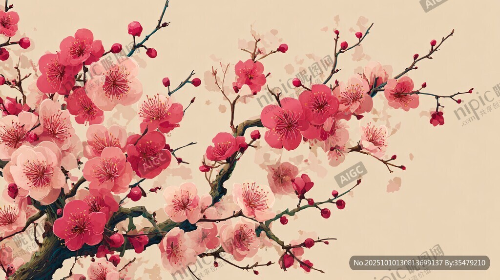 娇艳绽放的烂漫粉色梅花