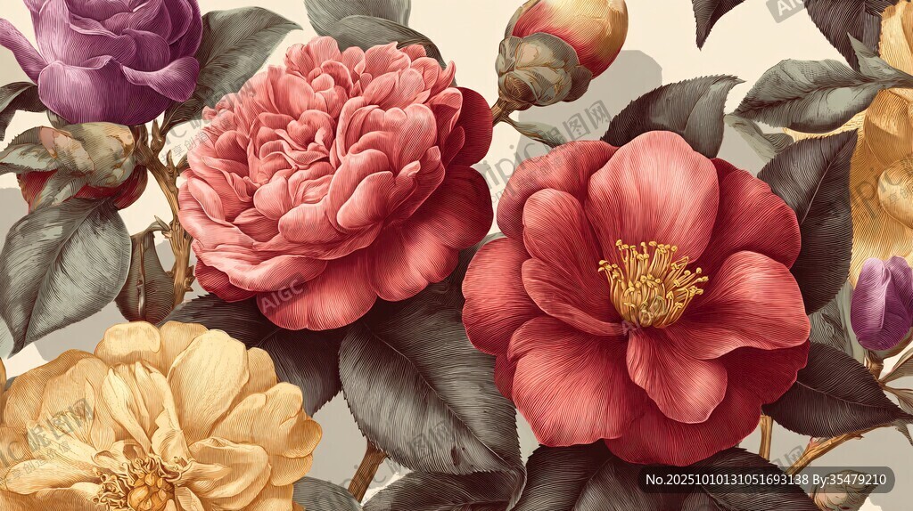 复古花卉图案精美插画