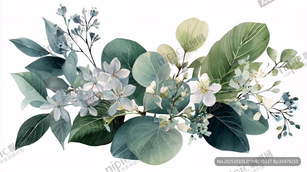 清新绿植花卉组合插画