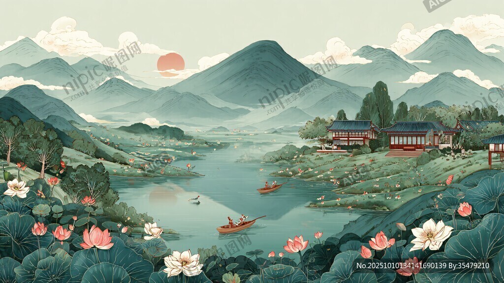 山水湖畔的诗意田园风光