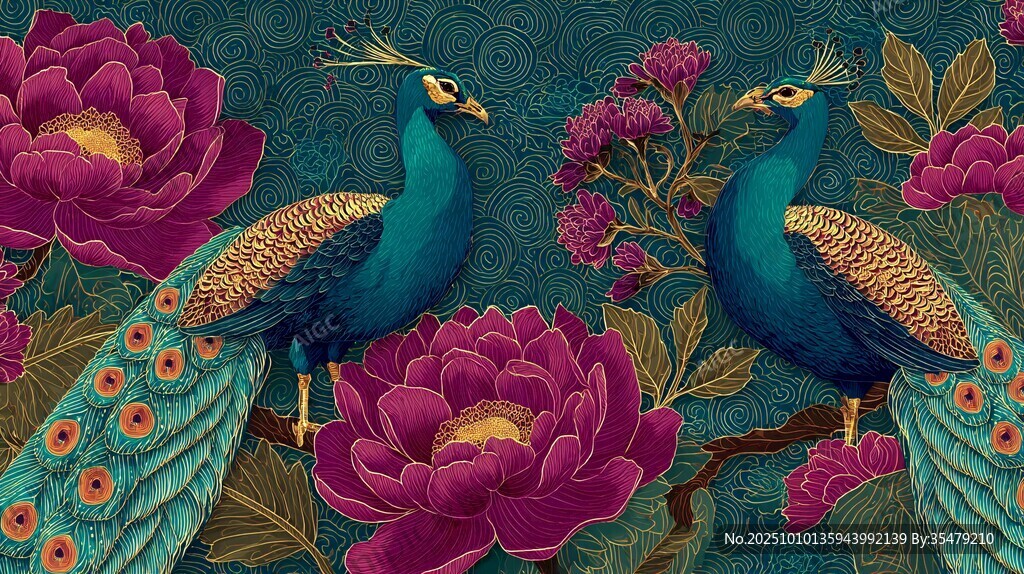 孔雀牡丹图 绚丽花卉动物